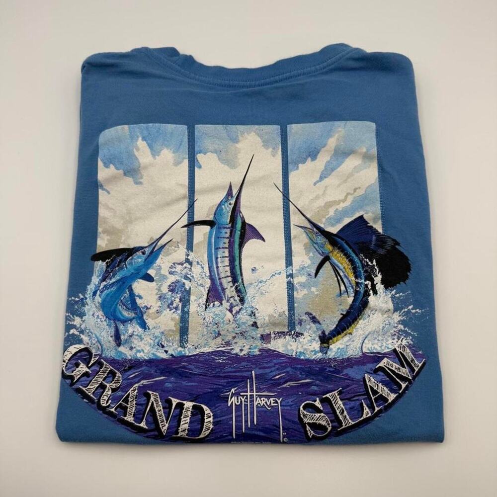 Blue Guy Harvey Grand Slam T-shirt with three marlin size Large